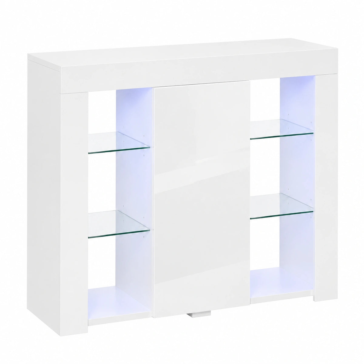 Credenza Moderna con Luci LED Finitura Lucida 97 × 35 × 83cm Bianco, a Anta, Mensole in Vetro, Mobile Multiuso in Legno