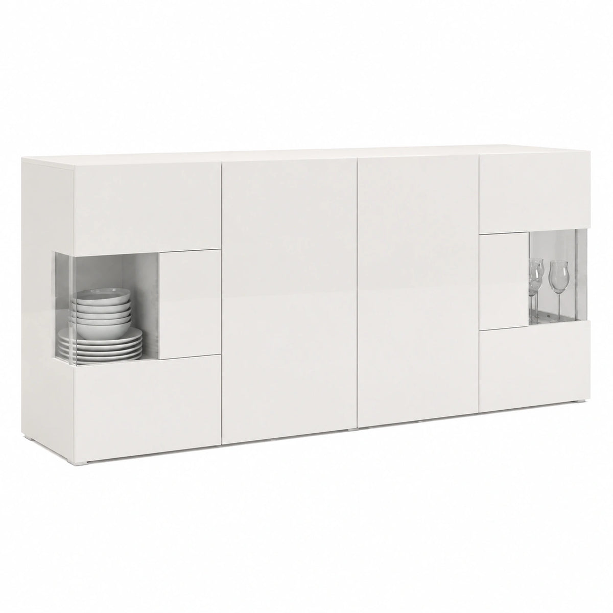 Credenza e Buffet EGYPT per Soggiorno con 4 Ante, Madia per Salotto, Cucina e Sala da Pranzo in Legno, 180 × 40 × 80 cm, Bianco Laccato Lucido
