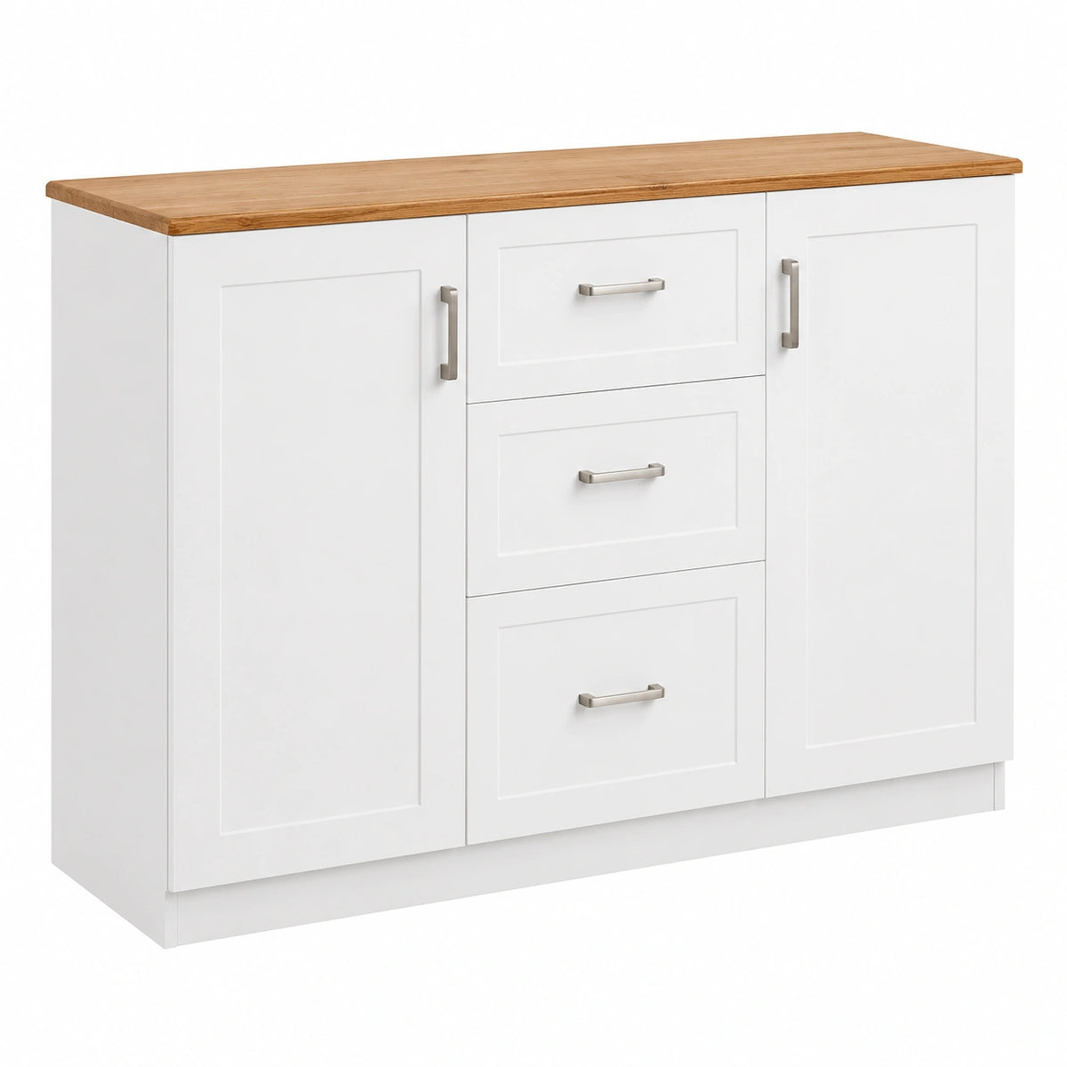 Credenza Bianca Con Top In Legno, Madia Soggiorno Moderna, Credenza Cucina, 2 Ante Laterali e 3 Cassetti Centrali Con Piano Color Rovere 120 × 83 ×