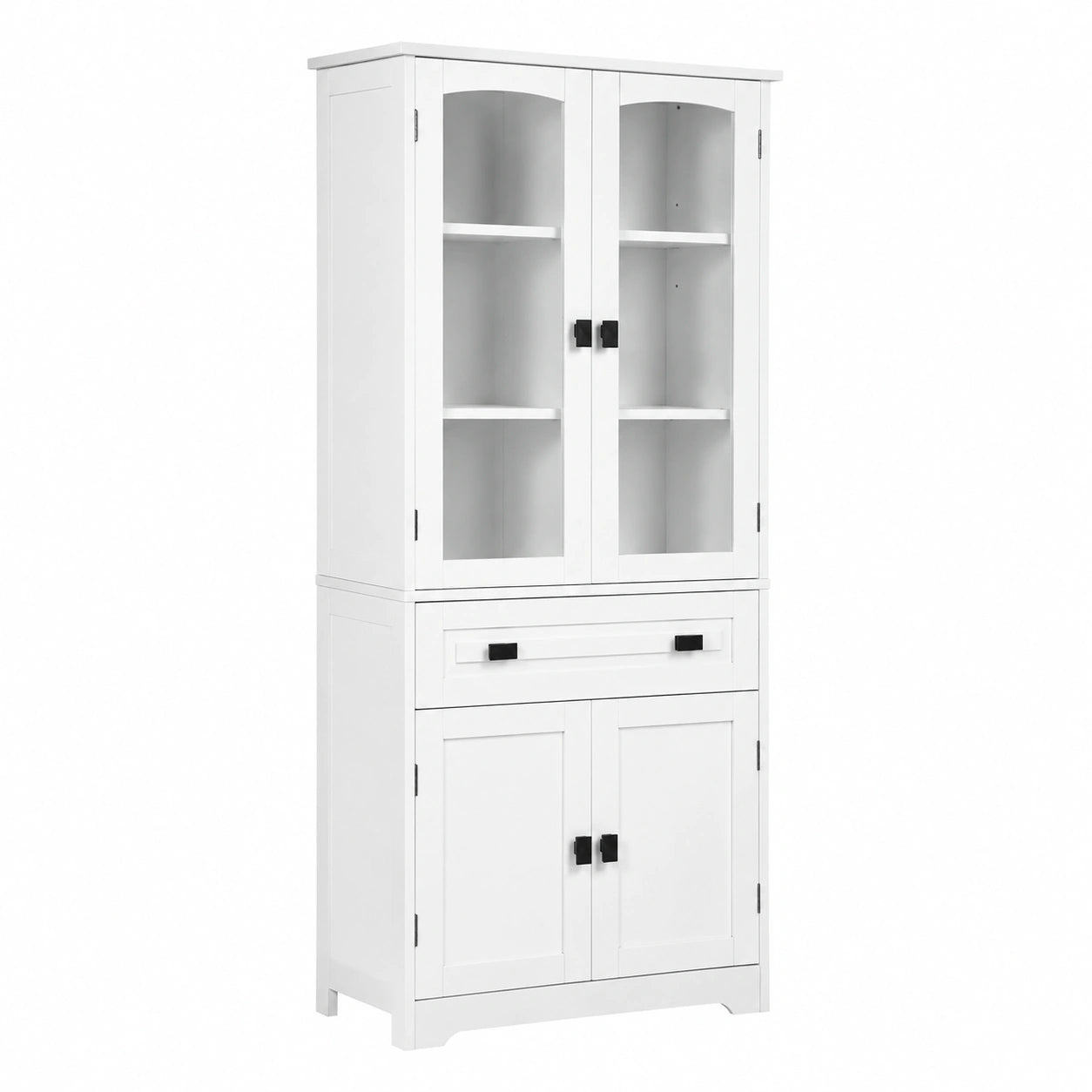 Credenza Cucina con 2 Armadietto e Cassetto 60 × 30 × 160cm Bianco, Mobile Dispensa Stretto, Ante in Vetro, Ripiani Regolabili, per Soggiorno