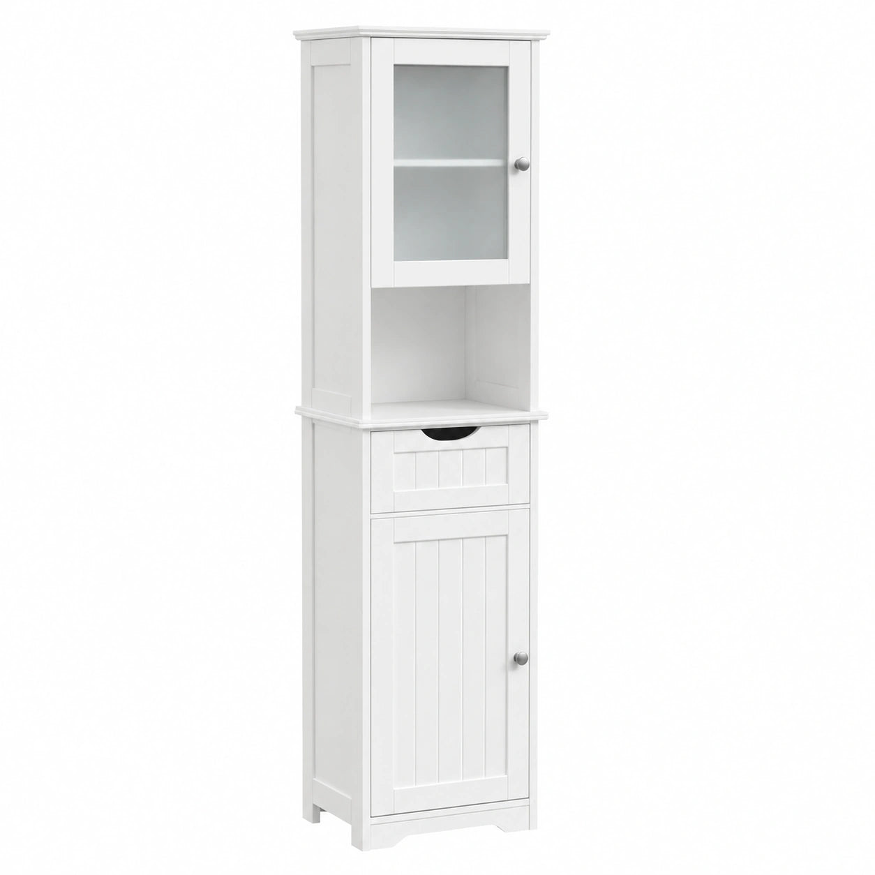 Armadio da Bagno, Mobile Autoportante con Ante in Vetro e Cassetto per Cucina Soggiorno, Impermeabile, Stile Shabby Chic, Bianco