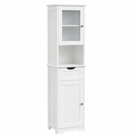 Armadio da Bagno, Mobile Autoportante con Ante in Vetro e Cassetto per Cucina Soggiorno, Impermeabile, Stile Shabby Chic, Bianco