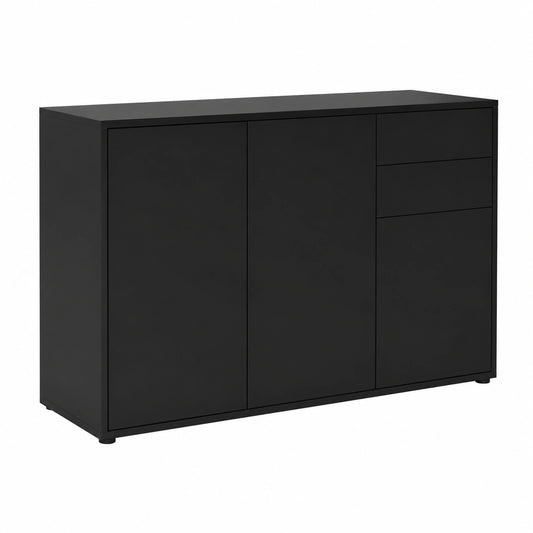 Madia Ben V3, mobile con 3 ante e 2 cassetti, nero opaco, nero opaco (117 × 74 × 36 cm)