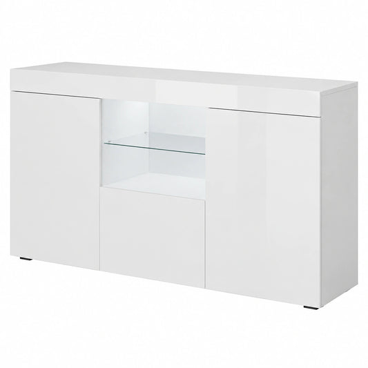 Credenza Sefora per soggiorno e sala da pranzo moderna a 3 ante, Luci LED, Mobile ausiliario, Melamina lucida, Colore Bianco