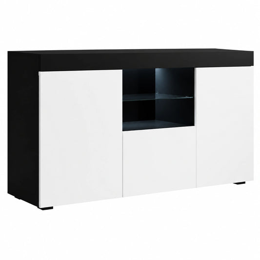 Credenza a tre ante con LED Natolia, Madia Soggiorno, Melamina Opaca, Nero e Bianco, 150 × 82 × 40 cm