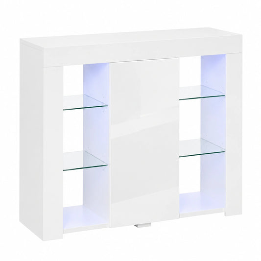 Credenza Moderna con Luci LED Finitura Lucida 97 × 35 × 83cm Bianco, a Anta, Mensole in Vetro, Mobile Multiuso in Legno