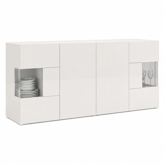 Credenza e Buffet EGYPT per Soggiorno con 4 Ante, Madia per Salotto, Cucina e Sala da Pranzo in Legno, 180 × 40 × 80 cm, Bianco Laccato Lucido