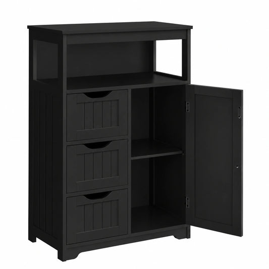Mobile da Bagno Armadietto da Terra Mobiletto con Cassetto, Nero, Ripiano Regolabile Credenza Multiuso con Doppia Ante Organizzatore Portaoggetti