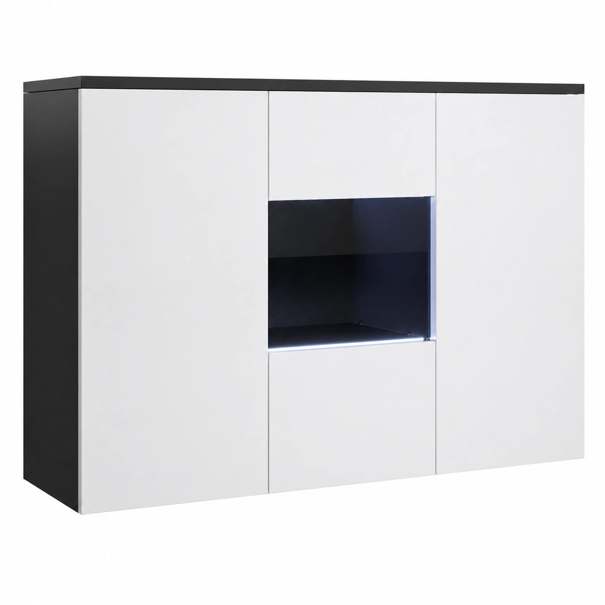 Credenza Madia Soggiorno Luke A2, Melamina Lucida, LED, Nero e Bianco, 120 × 70 × 40cm
