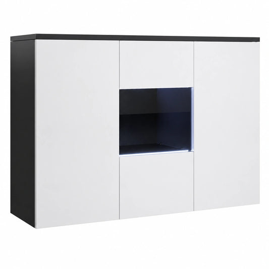 Credenza Madia Soggiorno Luke A2, Melamina Lucida, LED, Nero e Bianco, 120 × 70 × 40cm