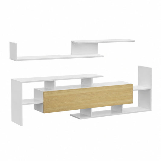 Mobile TV con Mensola a Muro, Ripiani Aperti, Bianco e Legno, Armadietto in Legno, Mobile TV Moderno