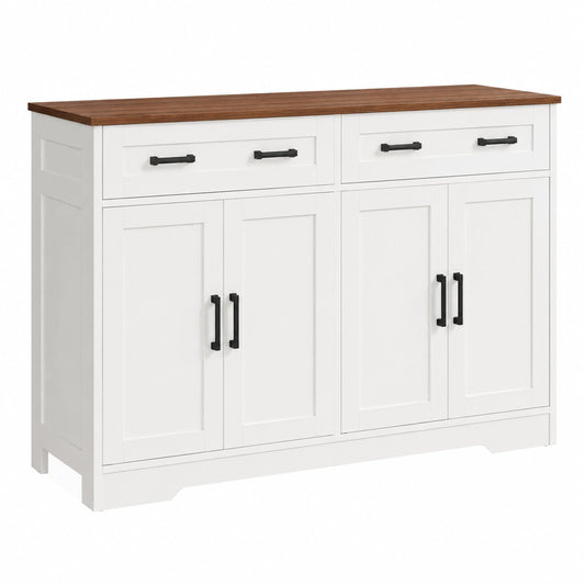 Credenza Cucina 140cm, Mobile Cucina Salvaspazio con 2 Cassetti e 4 Ante, Buffet per Sala da Pranzo, Mobile Soggiorno con Ripiano Regolabile, Bianco