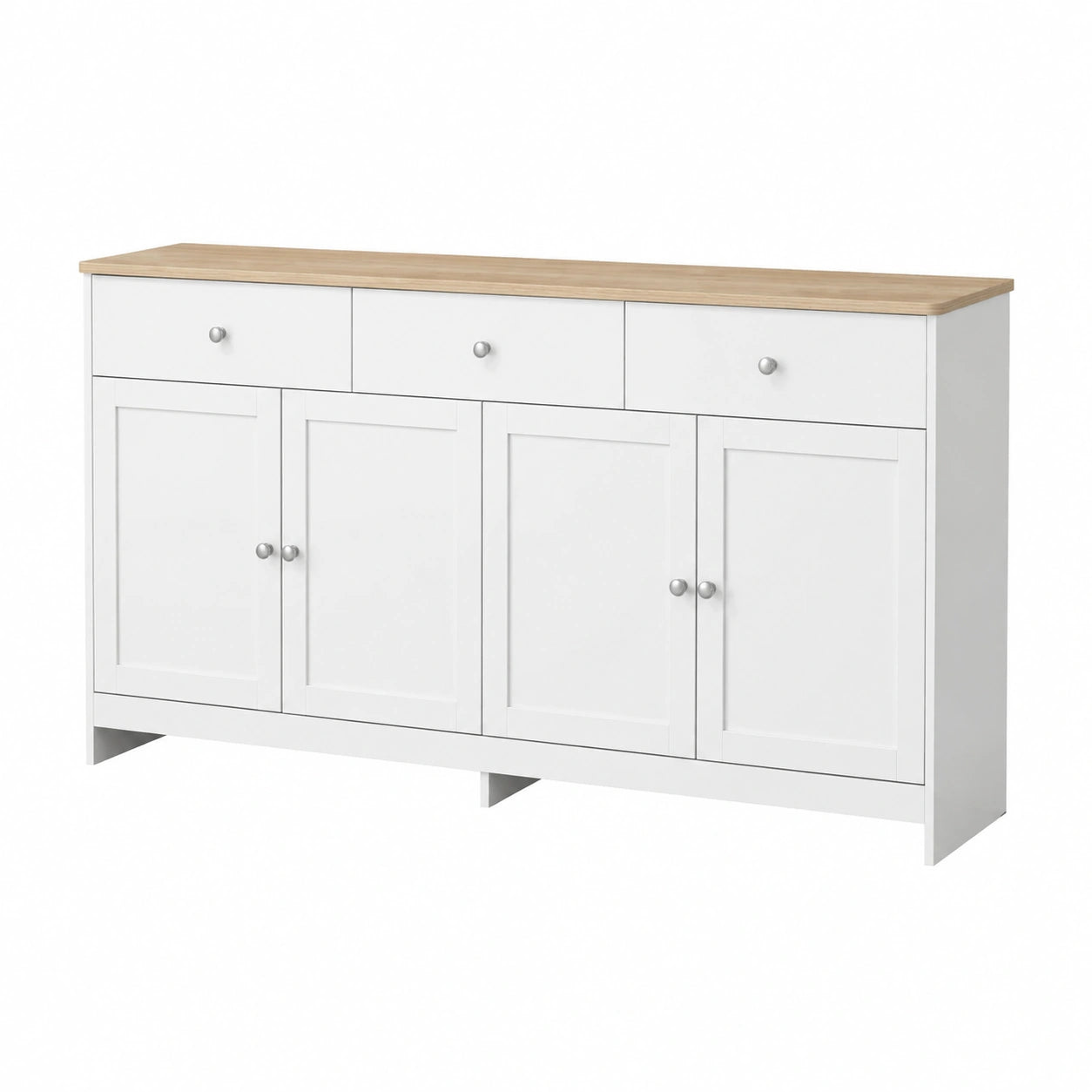 Credenza per Cucina e Soggiorno, 160 × 37 × 75 cm - 3 Cassetti e 4 Ante - Colore Bianco con Piano Effetto Legno, Mobile TV, Buffet, Mobile Dispensa