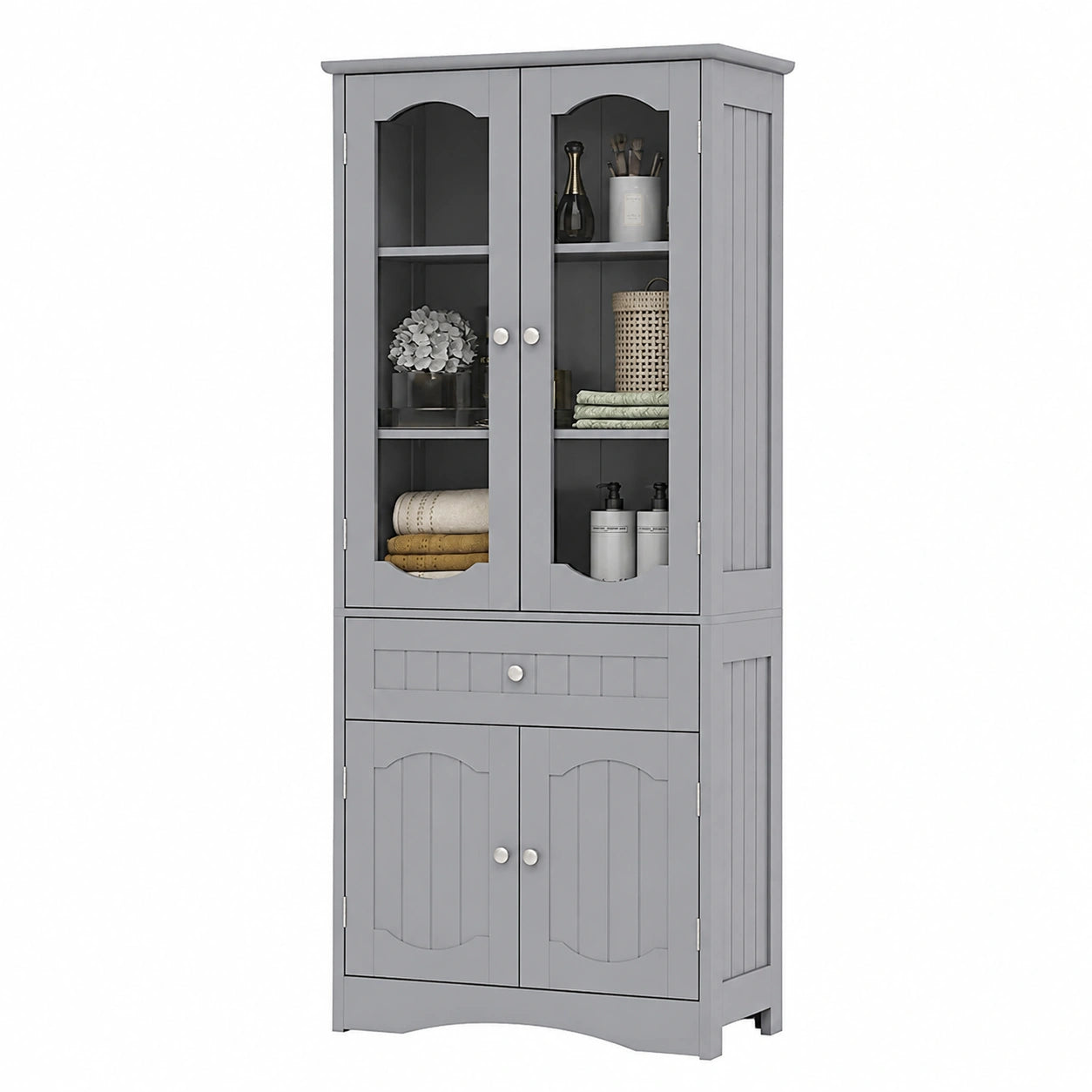 Armadio alto con ripiano regolabile e porta in vetro, per bagno, cucina, soggiorno, 60 × 30 × 160 cm (grigio)