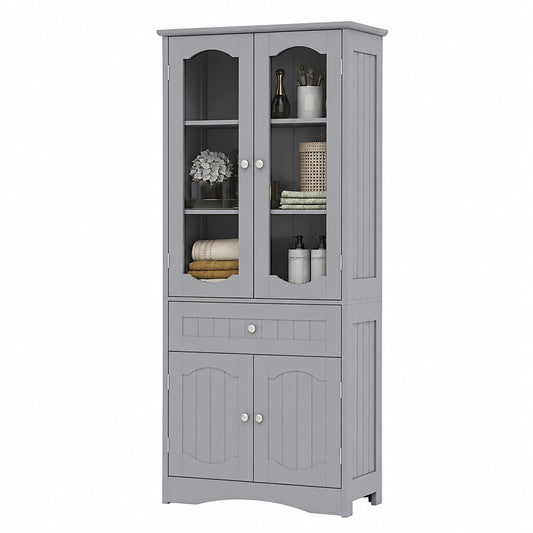 Armadio alto con ripiano regolabile e porta in vetro, per bagno, cucina, soggiorno, 60 × 30 × 160 cm (grigio)