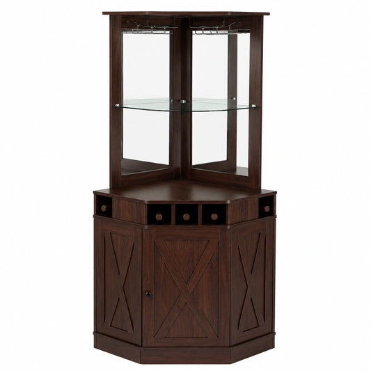 Mobile Bar Industriale ad Angolo, Tavolo da Vino per Liquori e Bicchieri, Credenza Buffet con Porta Bicchieri, Mobile Bar Indipendente in Legno