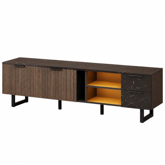 Mobile TV 200 cm con luce a LED, con venature del legno scuro e effetto marmo, gambe in metallo, moderno mobile basso, mobile TV per soggiorno