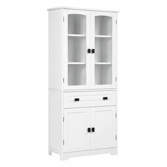 Credenza Cucina con 2 Armadietto e Cassetto 60 × 30 × 160cm Bianco, Mobile Dispensa Stretto, Ante in Vetro, Ripiani Regolabili, per Soggiorno