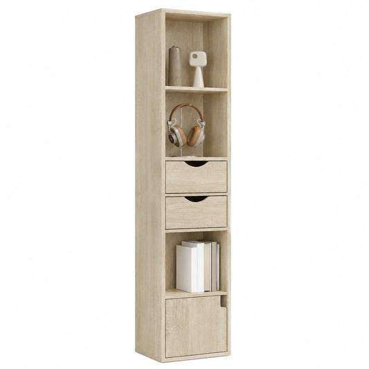 Libreria Scaffale, Libreria Verticale, Mobile Portaoggetti Portalibri, con 3 Vani Aperti, 2 Cassetti e 1 Armadietto
