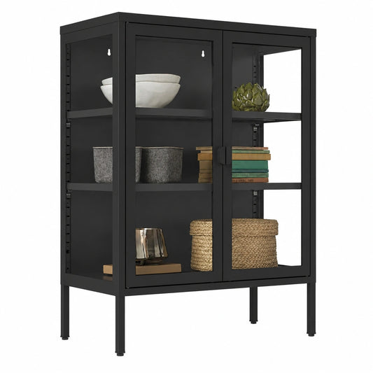 Vetrina Espositiva in Metallo con Ante in Vetro Temperato, 80 × 37 × 90,5 cm, Libreria Mobile, 2 Ripiani Regolabili, Armadietto Moderno per Casa