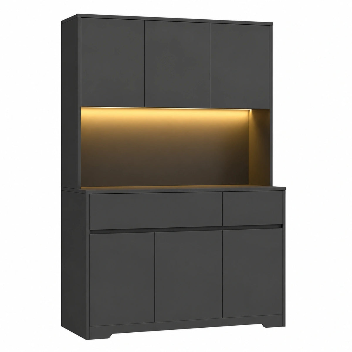 Mobile Cucina, Credenza Cucina Alta con Presa e Luce LED Nero, Alta Dispensa Cucina con Presa Elettrica, Mobile Dispensa con Ripiani Regolabili